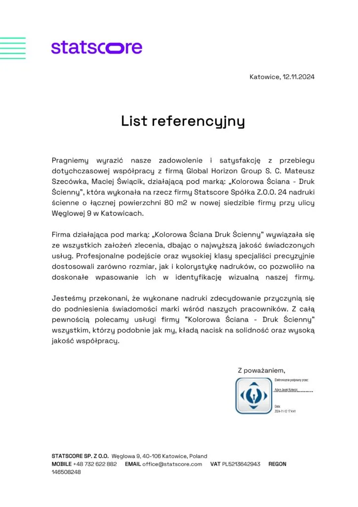 Statscore - referencja wykonania nadruków ściennych, Kolorowa Ściana