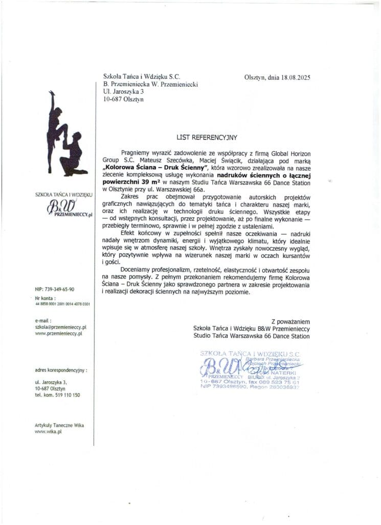 referencja - druk ścienny, Szkoła Tańca Olsztyn