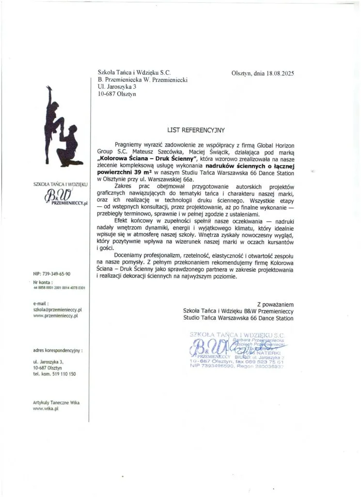 referencja - druk ścienny, Szkoła Tańca Olsztyn 
